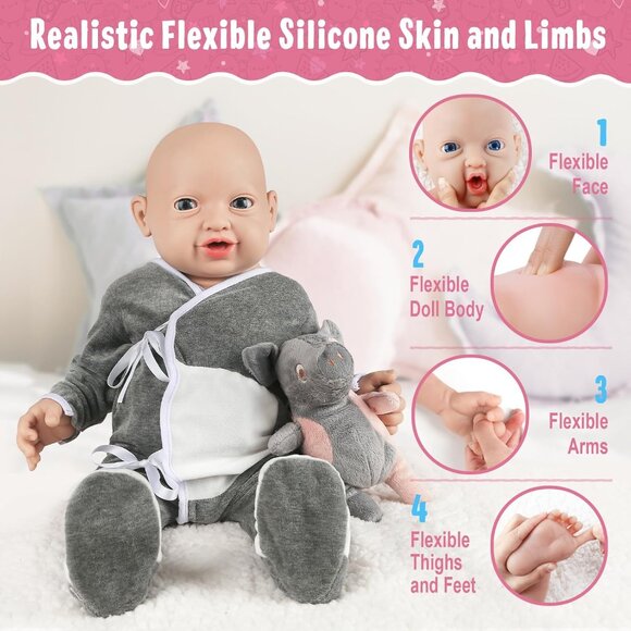 🆕23 inch Full Body Platinum Silicone Bald Baby Dolls Open Eyes Closed Mouth Boy - Picture 5 of 6